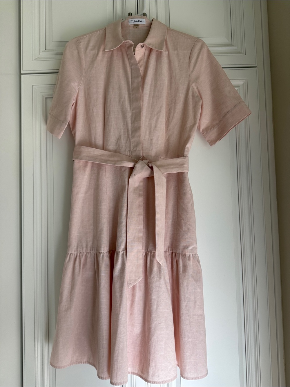 Calvin Klein Light Pink Short-Sleeve Belted Shirt Dress